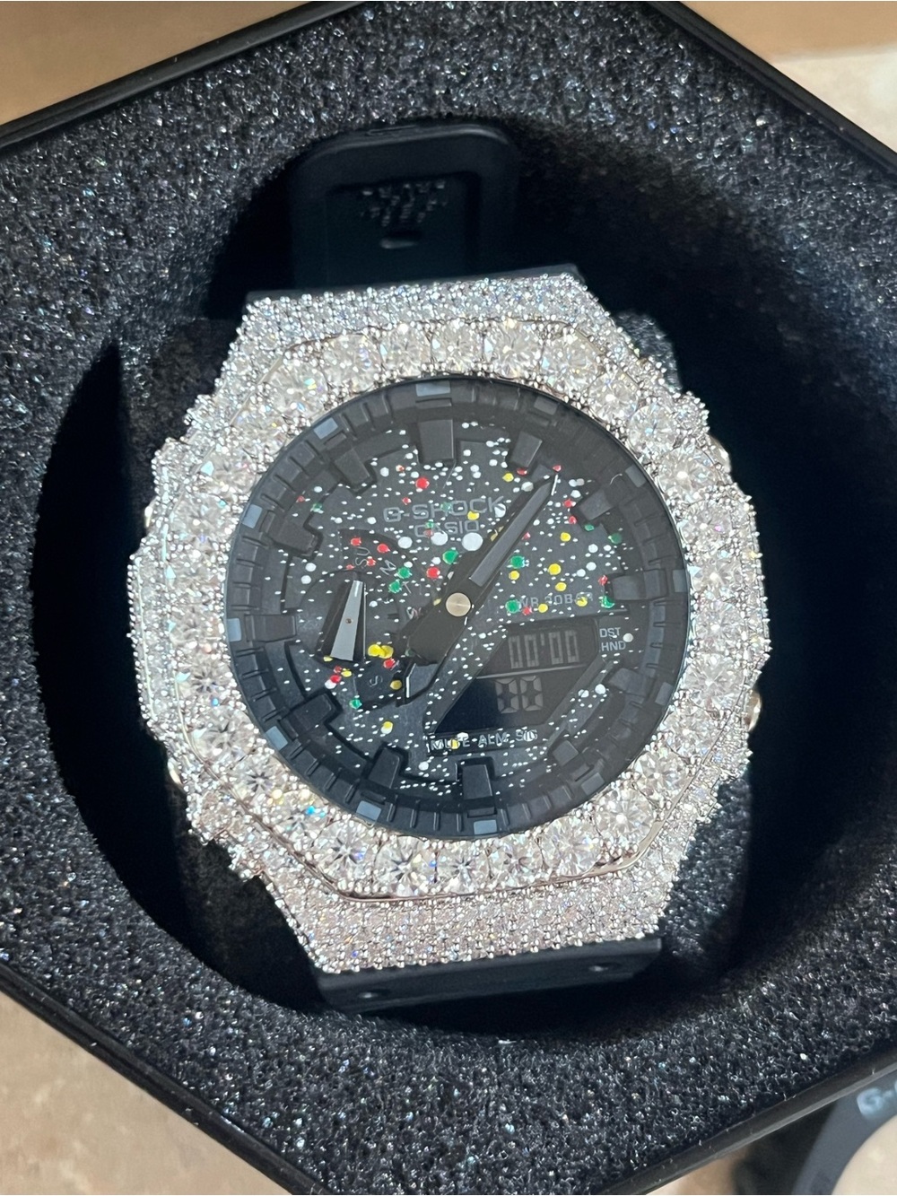 G-Shock Black Dial Watch with Silver Crystal Case and Multicolor Accents